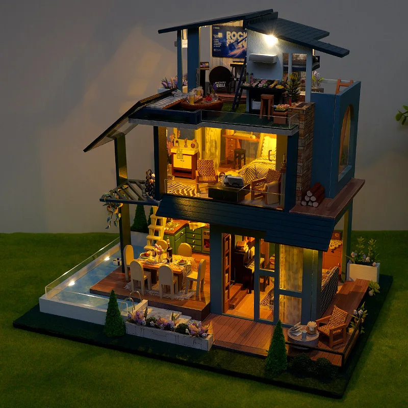 NUOVO fai da te in legno Sunshine Forest grandi case delle bambole Casa kit modello in miniatura casa delle bambole con mobili per amici regali di compleanno