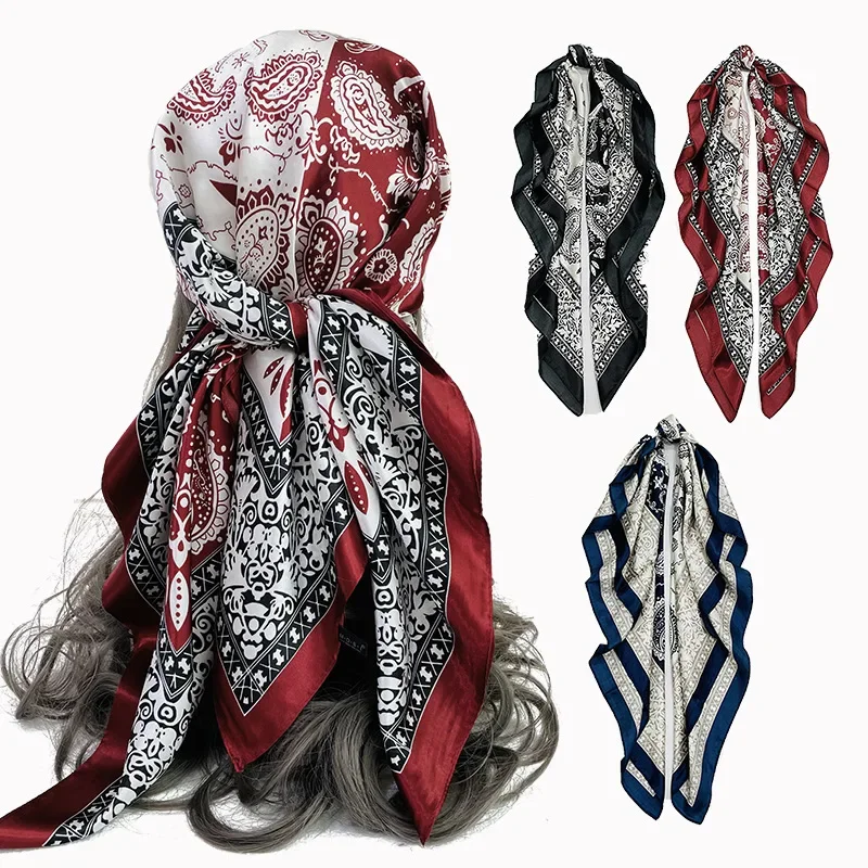 Faux Silk Scarf Women 90cm Satin Square Cross-border Printing New Color Matching Cashew Wholesale