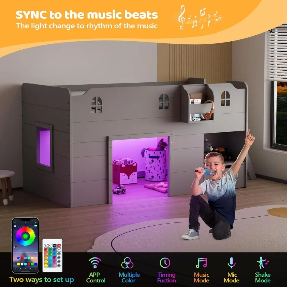 سرير علوي مزدوج الحجم مع إضاءة LED، وسرير علوي منخفض لدرج التخزين، ونمط المزرعة الحديثة مع درابزين ونافذة