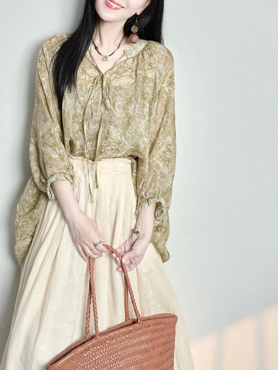 

Original Design Sun Protection Loose Hemp Printed irt Artistic Ele Women's Summer Casual Thin Seven Sve V-Ne Cover up