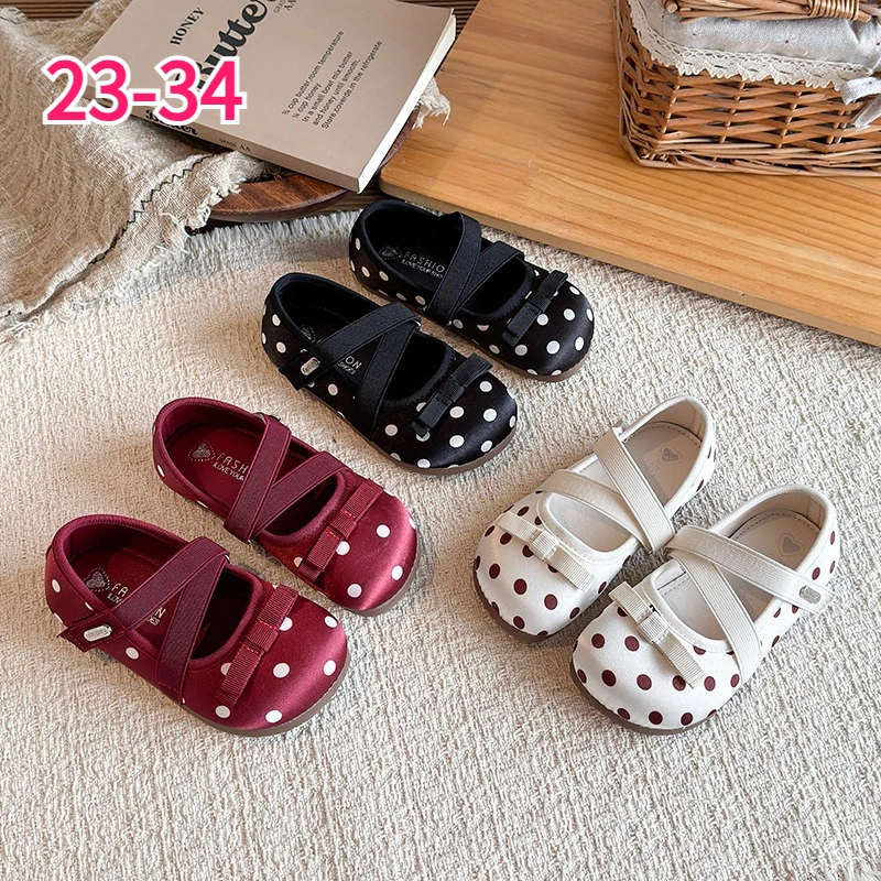 Toddler Girls Polka Dot Mary Jane Shoes All‑Season Cross Elastic Strap Flats Princess Loafers for Kids School Children's Shoes
