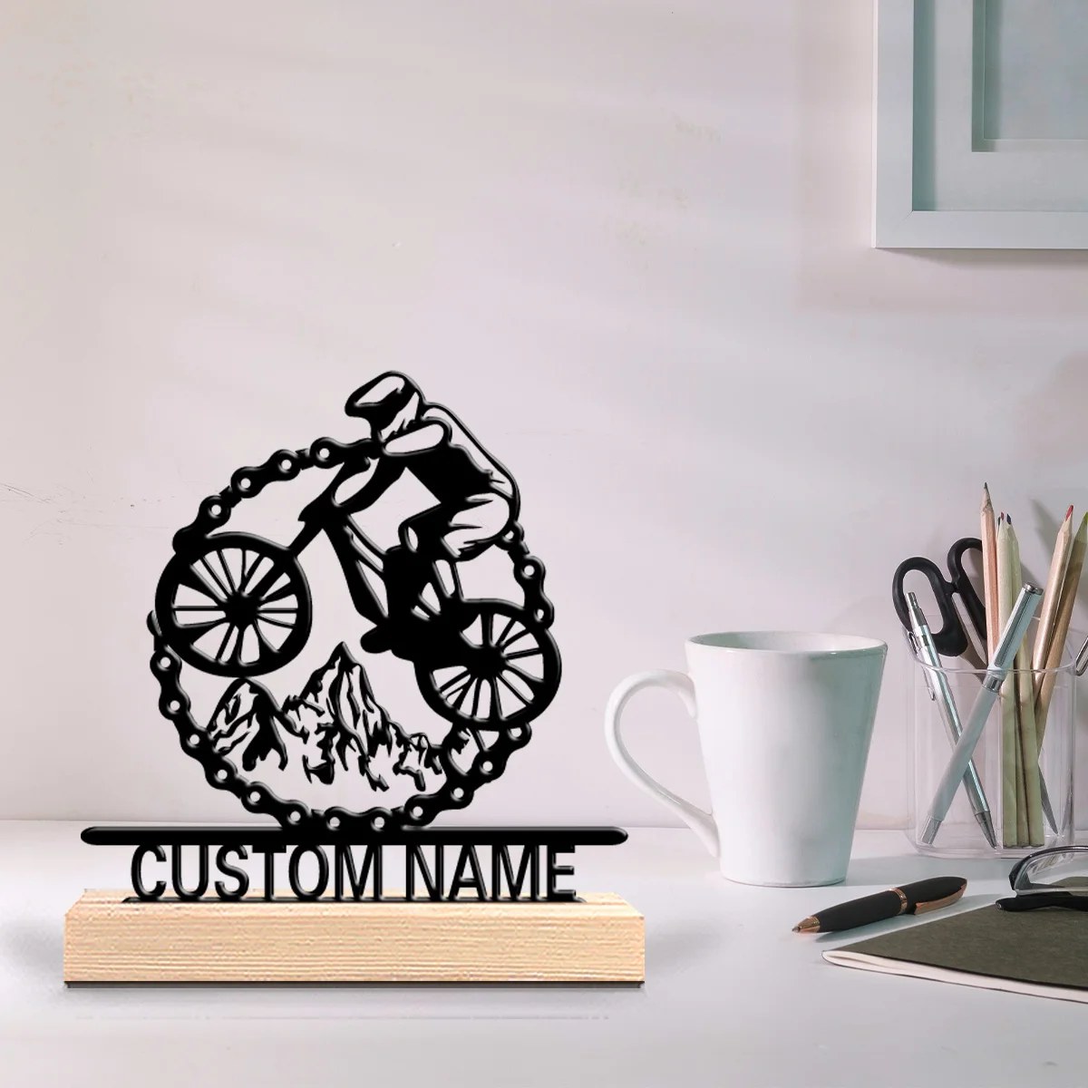 1pc Fashion Personalized Custom Mountain Bike Metal Statues Adventure-Themed Desk Gift with Wooden Base Perfect for Travelers