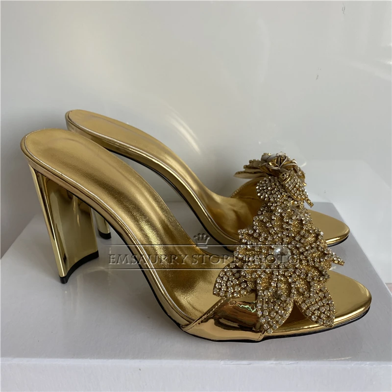 Jeweled Crystal Flower Decor Party Shoes For Girls Metal Hoof Heel Open Toe High Heels Luxury Satin Summer Sandals Women