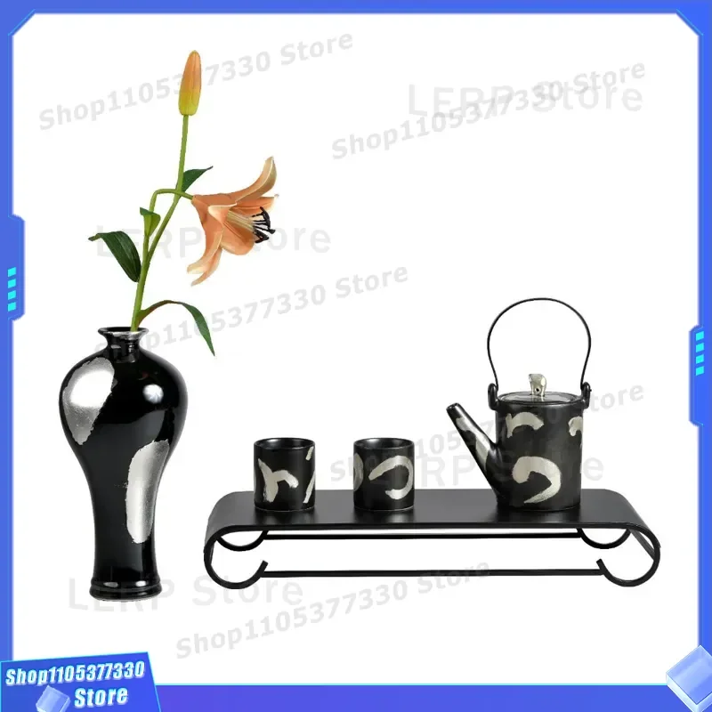 Modern Black Silver Ceramic Vase Chinese Style Tracing Pattern Tea Set Ornament for Hotel Clubhouse Entrance High End Soft
