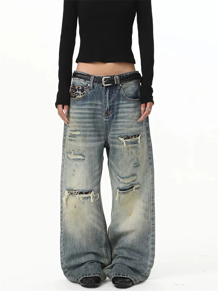 Women's Leopard Print Patchwork Ripped Jeans Casual Sweatpants Street Pants Wide Leg Bottoms Female High Waist Trousers Women