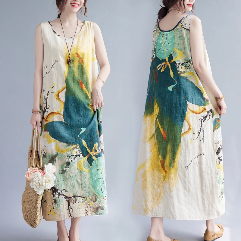 

Plus Size Retro plus Size Women's Summer 2025 New Loose Linen Artistic Print Midi Svel Vest Dr Women's Faion Commute Sle