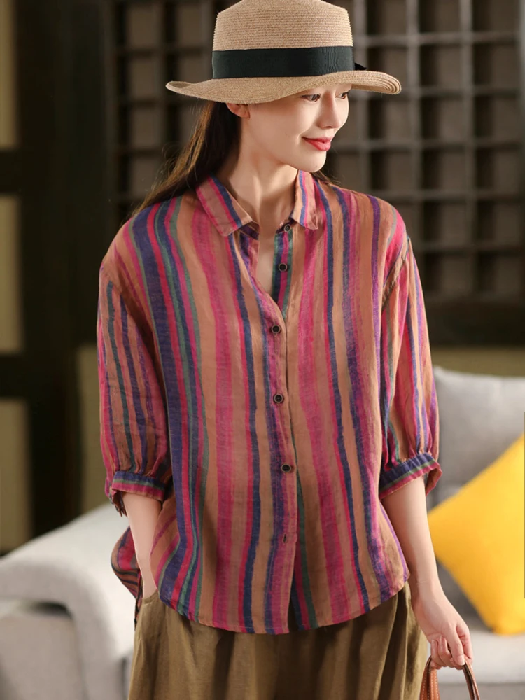 

Retro Printed Stripe 00% Flax irt Women's Ele Turn-down Collar Thin Seven Sve irt Top Commute Sle Loose Fit