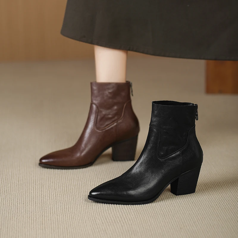 2026 new autumn winter natural leather women ankle boots 22-25cm washed cowhide pointed toe back zip thick heel short boots