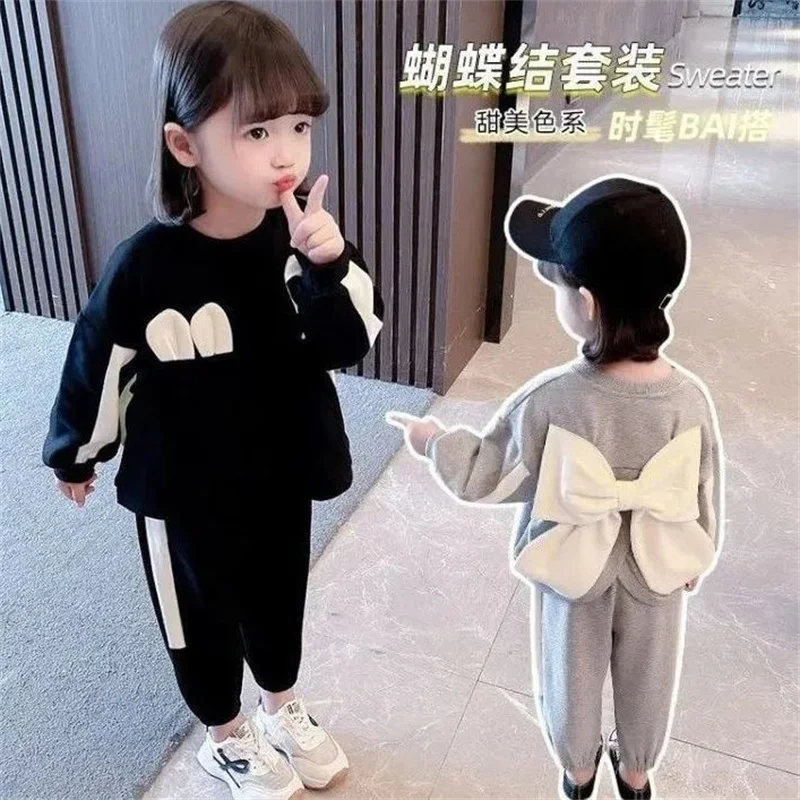 

Autumn Sportswear Baby Girls Clothing Sets Korean Version Kids Fashion 2Pcs Large Bow Girls Long Sleeved Pullovers+Pants Outfit