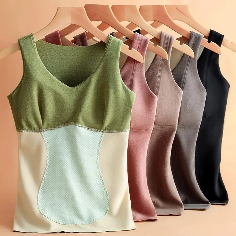 Feamless Fleece Vest Women's Fall Winter Thermal Vest Plush Sleeveless V Neck High Elasticity Slim Fit Padded Pullover Soft No