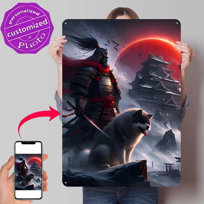 Samurai Warrior and Castle Under Red Moon Metal Poster Perfect Gift for Fans Lovers Personalized Wall Art Metal Sign for Decor