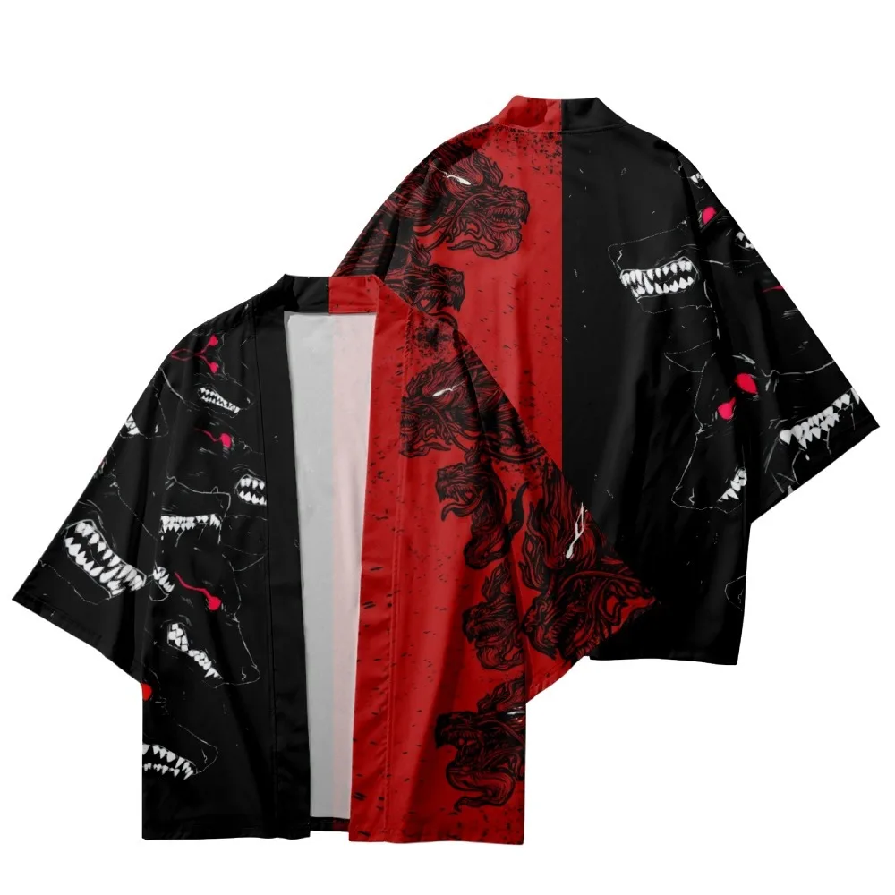 Kimono a juego con estampado de dragón tradicional japonés para hombres y mujeres, cárdigan Yukata, ropa de Cosplay Haori Samurai, rojo y negro