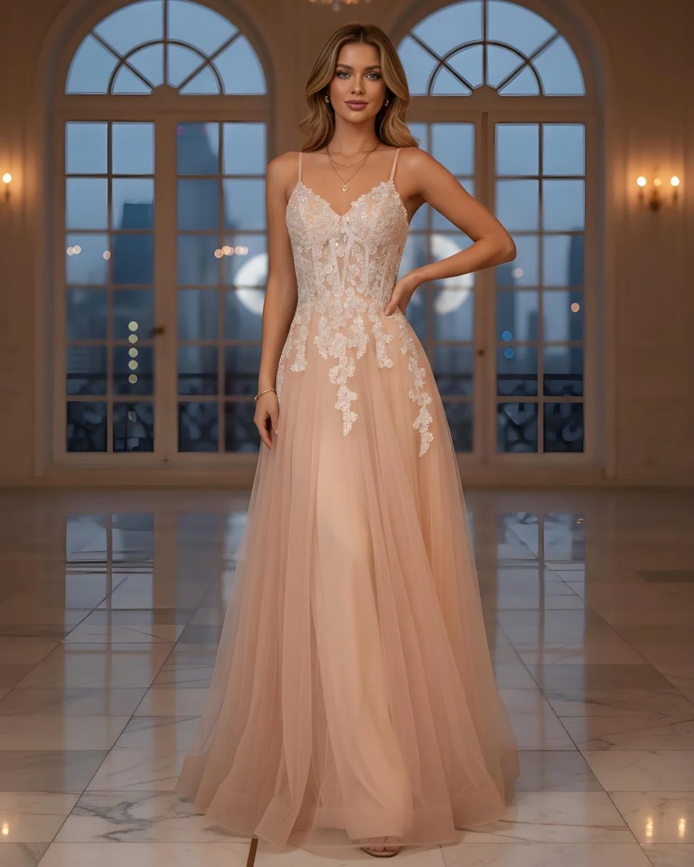 

Customized High Quality Fashion Women Tulle Applique Pleat A-line Evening Dresses Sexy Spaghetti Strap Sleeveless Prom Dresses