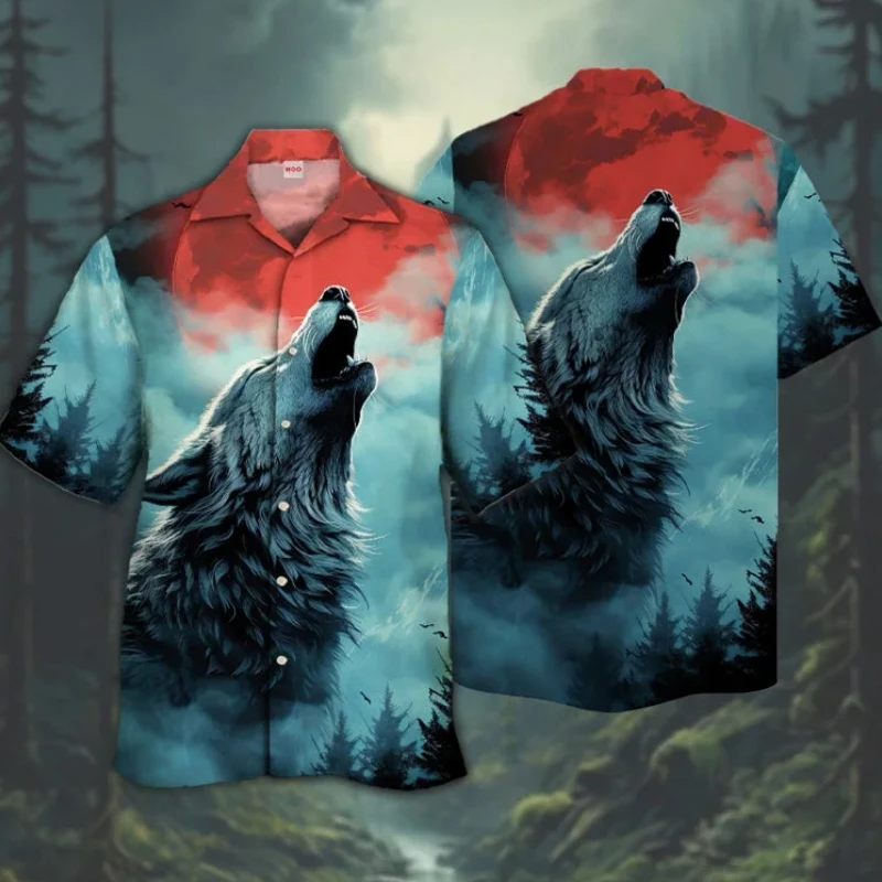 Retro Men\'s Shirt 3d Wolf Print Short Sleeve Tops Cuban Collar Shirt Oversized Man Clothing Beach Casual Hawaiian Shirts For Men