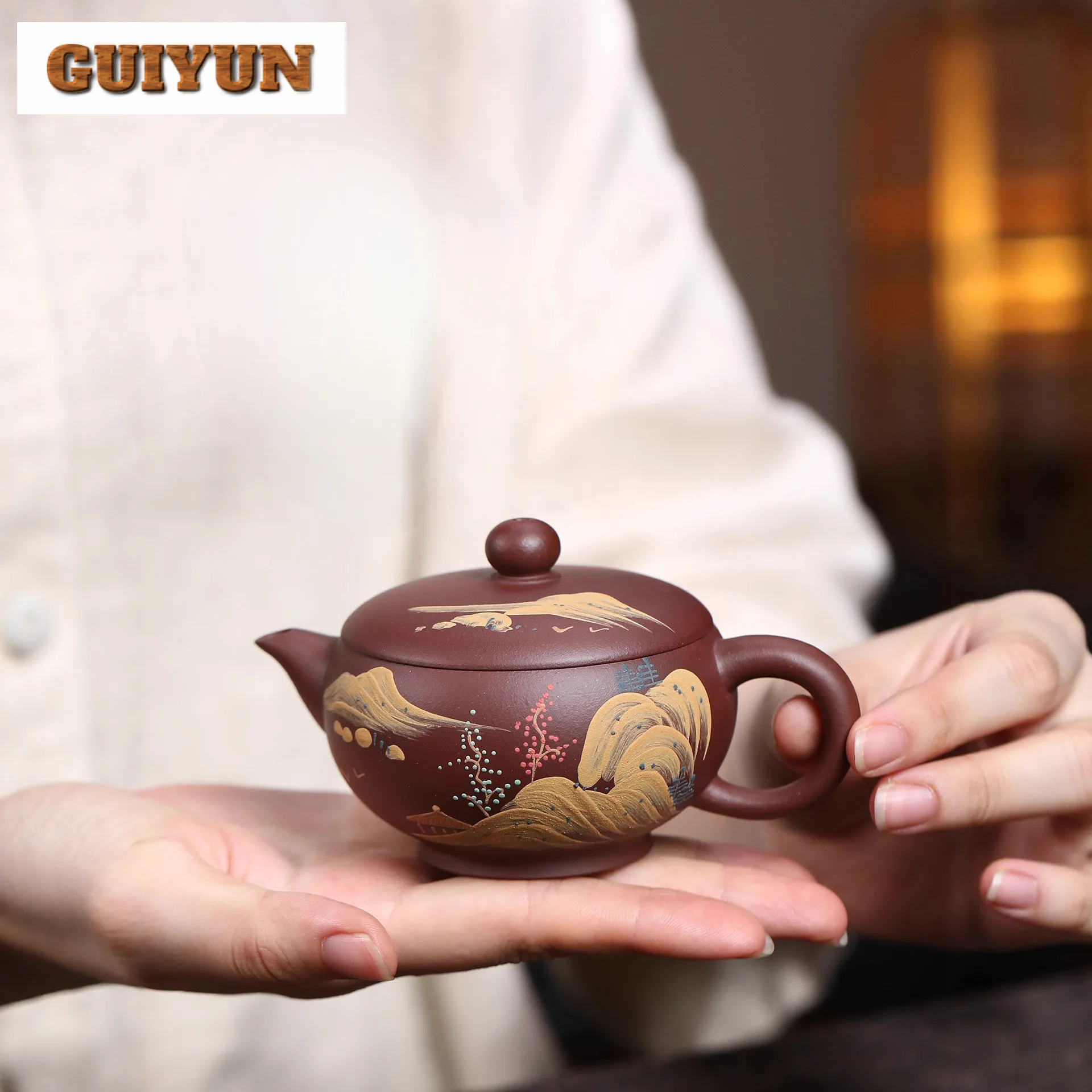 

110 мл креативные чайники из фиолетовой глины Исин, пейзажный горшок ручной работы, чайник из необработанной руды, фиолетовая грязь с фильтром, чайный сервиз Цзыша, украшение