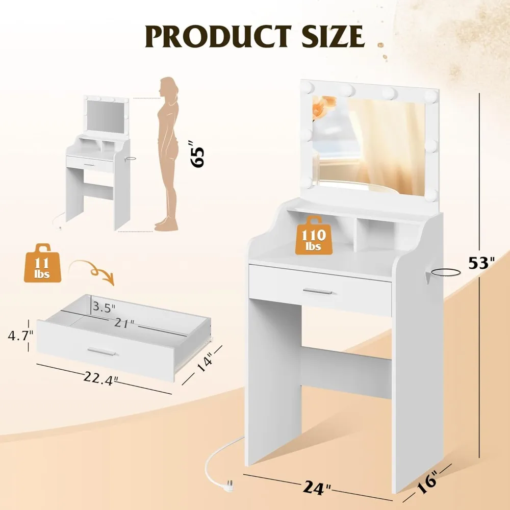 مكتب مكياج مع مرآة و3 أوضاع إضاءة، طاولة تخزين 23.8 مع أرفف لغرفة النوم