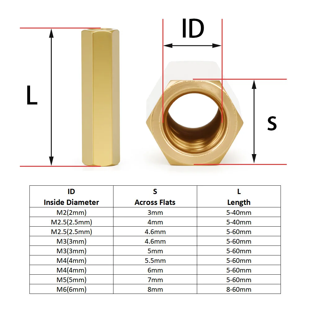 M2 M2.5 M3 M4 M5 M6 Hex Female to Female  Brass Standoff Spacer Hexagonal Stud Spacer Hollow Pillars Screw Motherboard Column