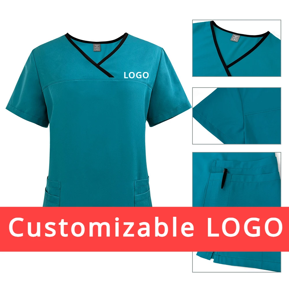 Customizable LOGO Nurse Surgical Uniform Woman Beauty Workwear Medical Scrub Set Stretch Clinical Scrubs Doctor Vet Nursing Suit