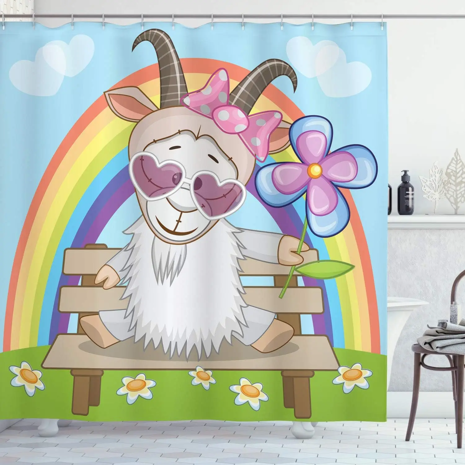 

Cute Goat Shower Curtain Rainbow Animal Cartoon Kids Bathroom Decor Fun Playful Design180x230