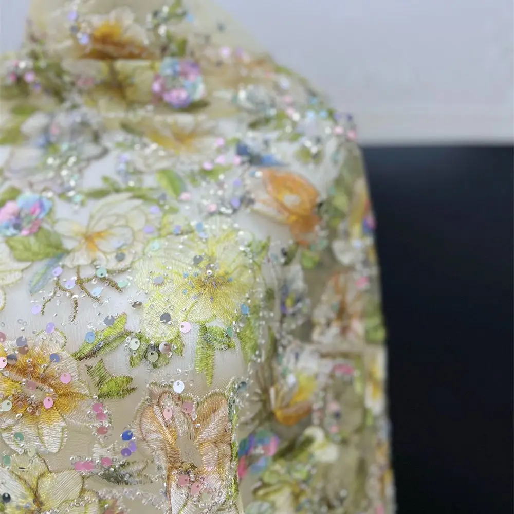 

Тяжелая стерео вышивка с цветочным принтом шириной 130 см, современная сетчатая пряжа с свадебным принтом, ткань SC690