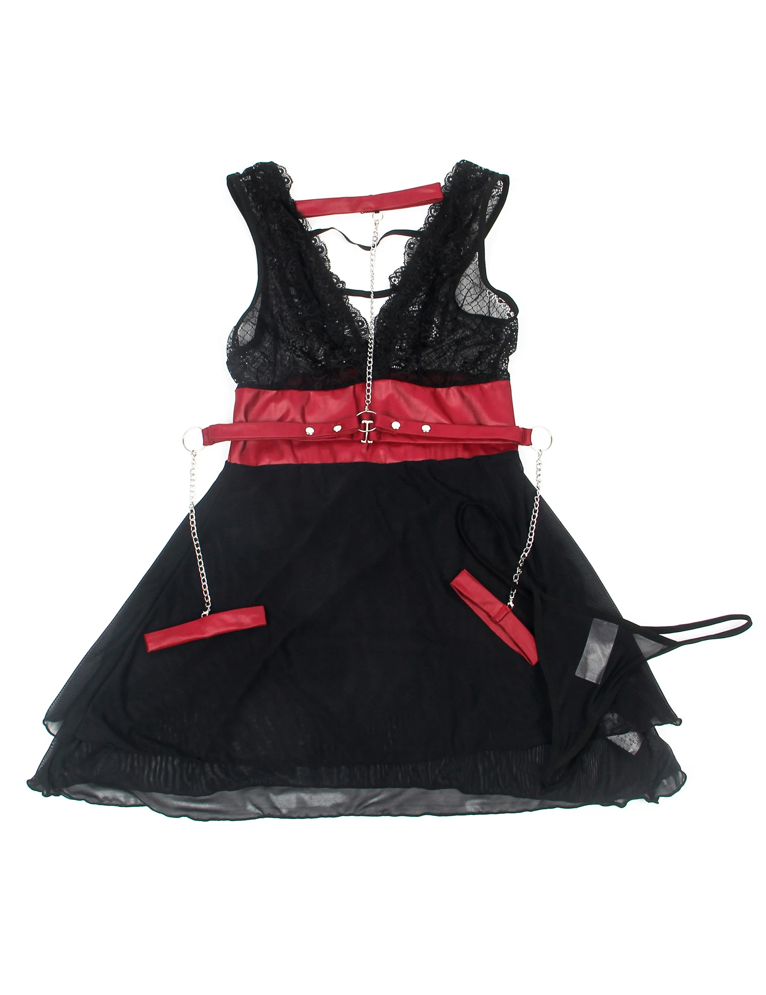 Minivestido Babydoll Bondage Sexy para mujer, ropa de dormir de piel sintética con encaje de malla negra, cinturón, bragas, anillo para el cuello y anillo para la pierna, lencería