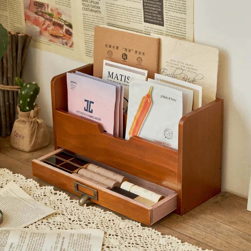 Vintage Wooden Desk File Organizer Multi Compartment Document Mail Sorter with Drawer Desktop Storage Holders Home Decoration