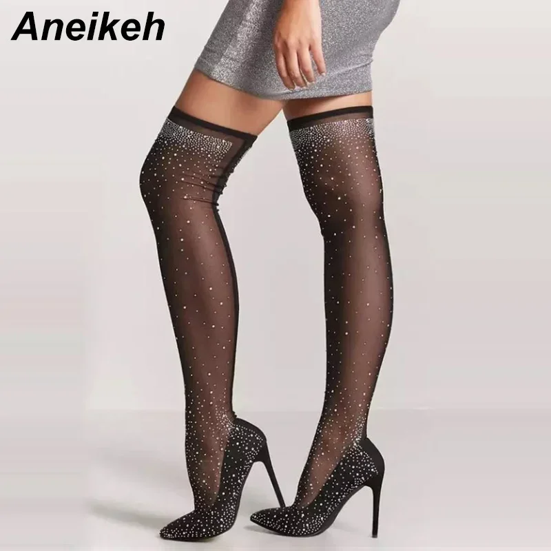 

Aneikeh Sexy Stockings Crystal Rhinestone Stretch Fabric High Heels Over the Knee Boots Pointed Toe Pole Dancing Women Shoes