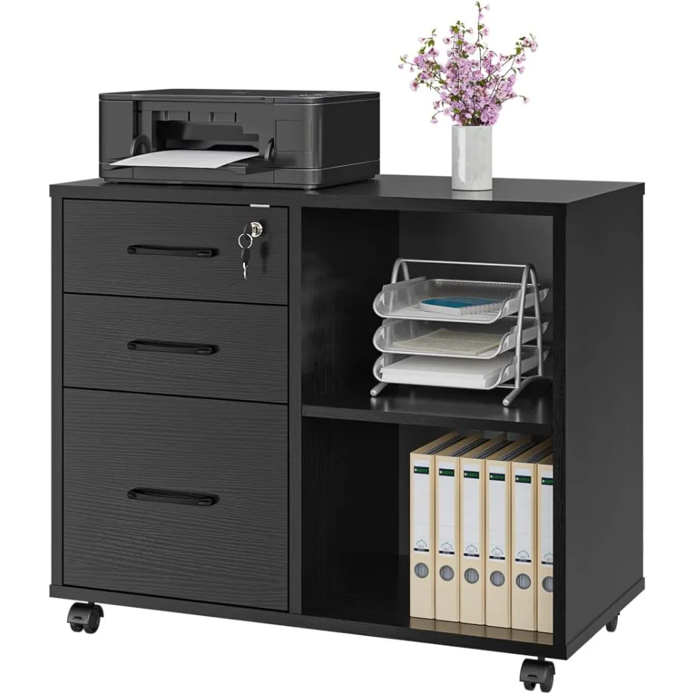 3 Drawer Office File Cabinets, Mobile Lateral Printer Stand with Open Storage Shelf, Rolling Filing Cabinet