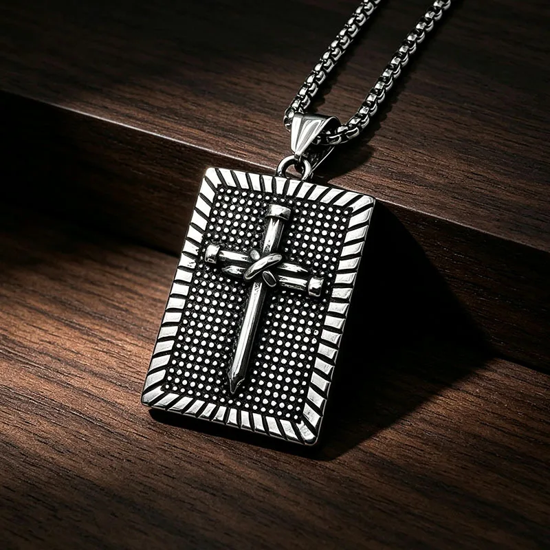Fanshu Stainless Steel Vintage Dog Tag Nail Cross Pendant Collar Chain Necklace for Men Women Couple Friend Gift Fashion Jewelry