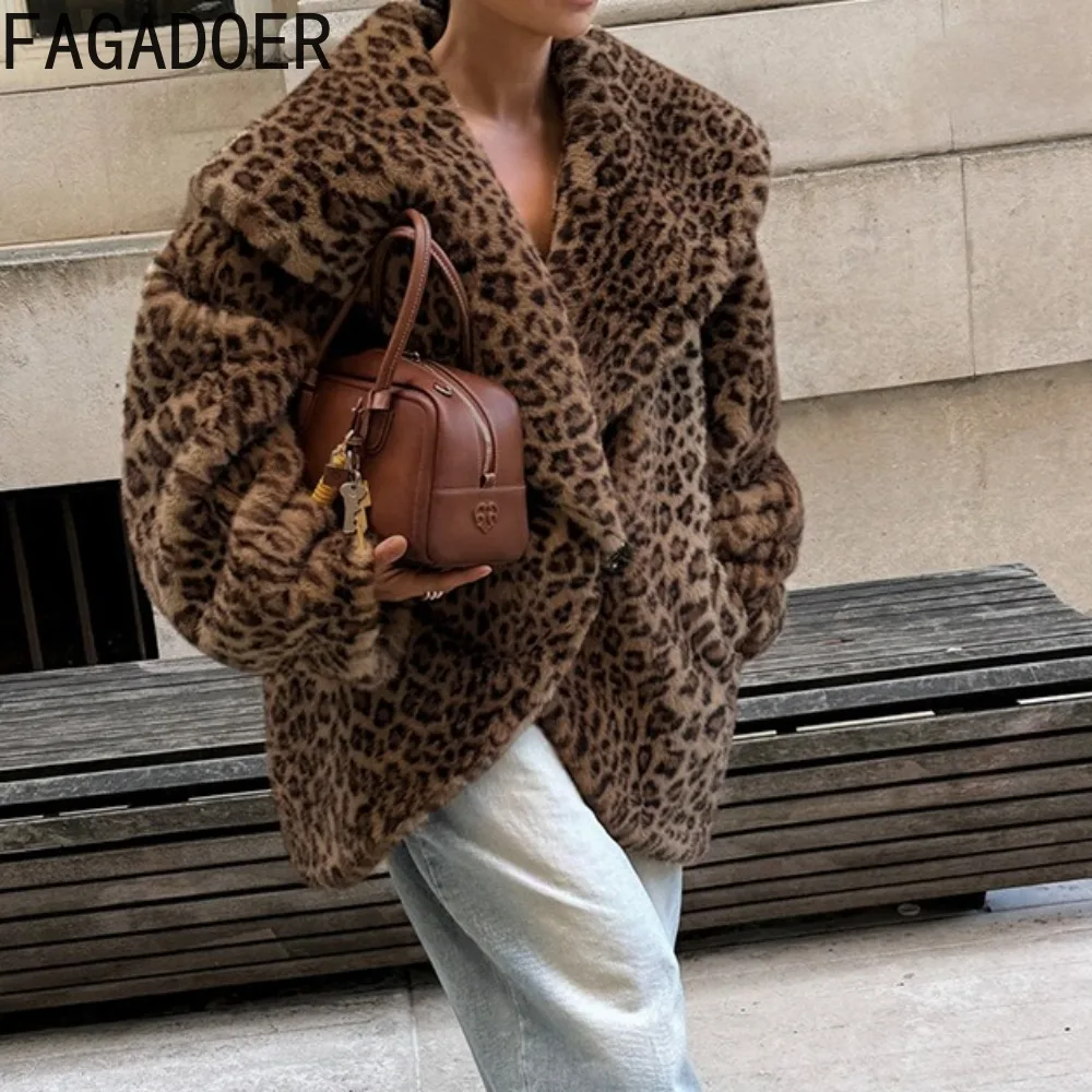 FAGADOER شتاء جديد Y2k موضة ليوبارد طباعة الفراء المرقعة معطف للمرأة التلبيب كم طويل فضفاض سترة الإناث الشارع الشهير #4