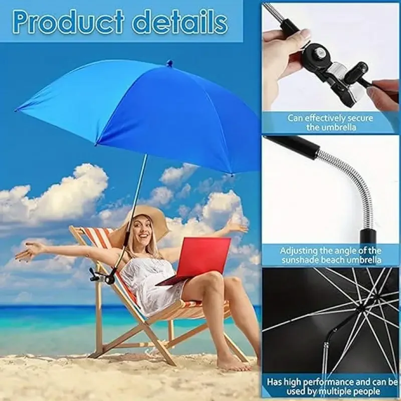 مظلة خارجية محمولة مع مشبك، يمكن استخدامها في سيناريوهات مختلفة، دوران 360 درجة، قابلة للتعديل، مقاومة للحرارة والشمس، مناسبة للتخييم، وكراسي الشاطئ، والكراسي المتحركة، والفناء، وما إلى ذلك