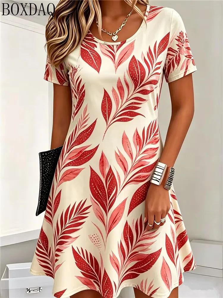 Casual Summer Women's Dresses Loose Short Sleeve Round Neck Leaf Pattern Printed Dress