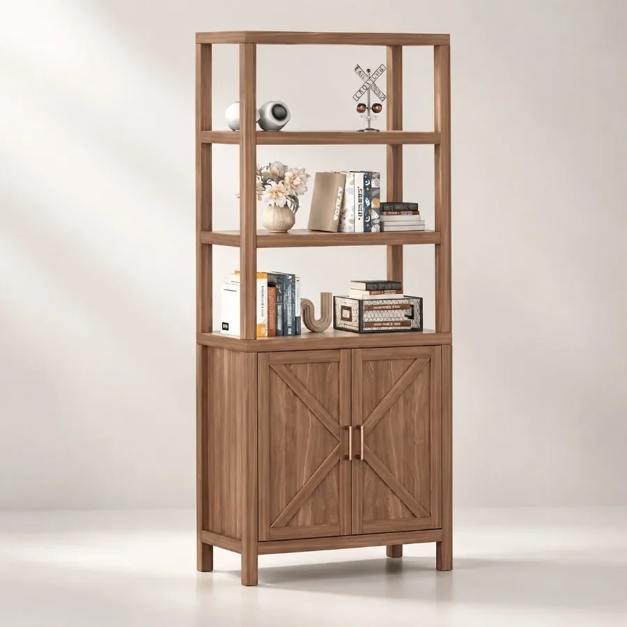 Bookcase for living room, engineered wood in walnut brown, barn door design with smooth sliding mechanism and adjustable shelve