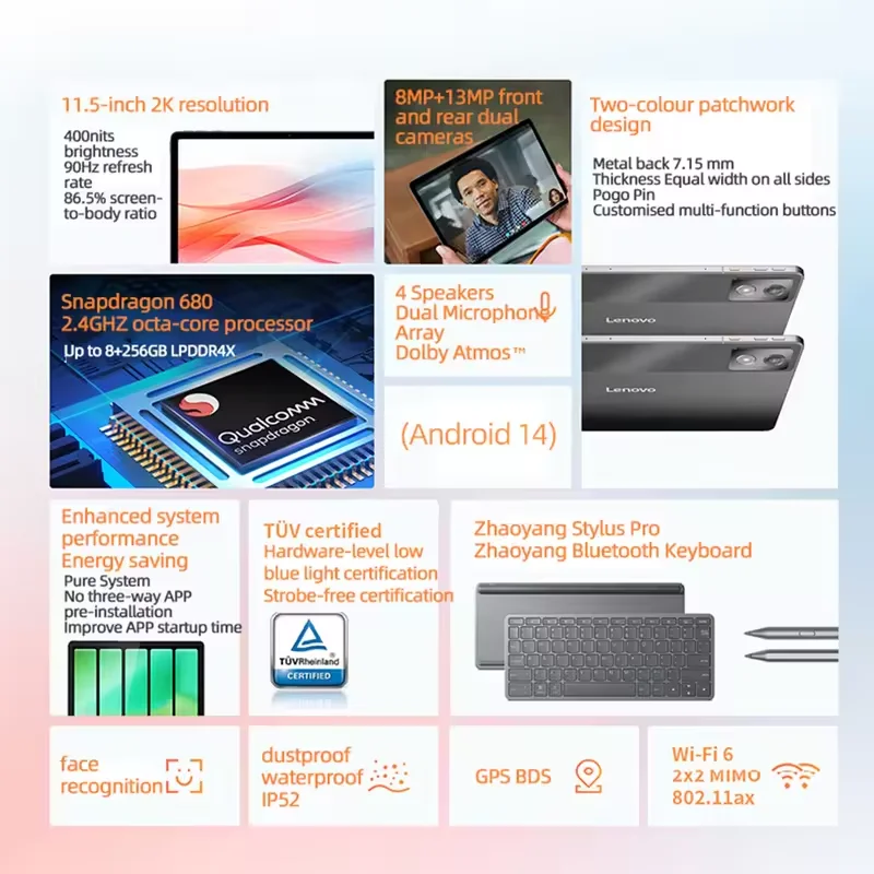 البرامج الثابتة العالمية Lenovo K11/Plus Tablet WIFI 11.5 بوصة معالج Snapdragon 680 8+256G /6+128 GPS 8600mAh Android14