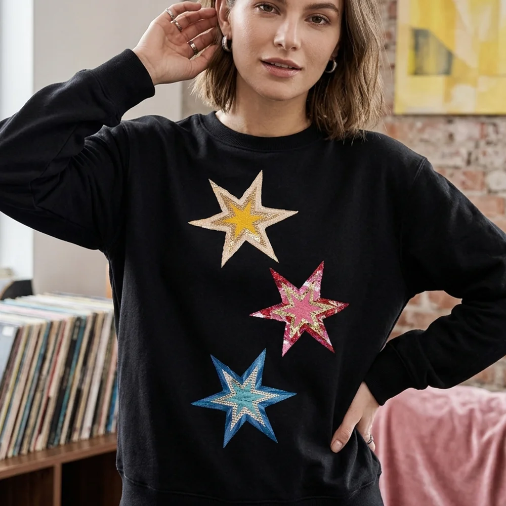 Sequin Star Print Long Sleeve Sweatshirt Autumn Winter Pullover Men Women Streetwear Fashion Casual Loose Top Unisex ﻿