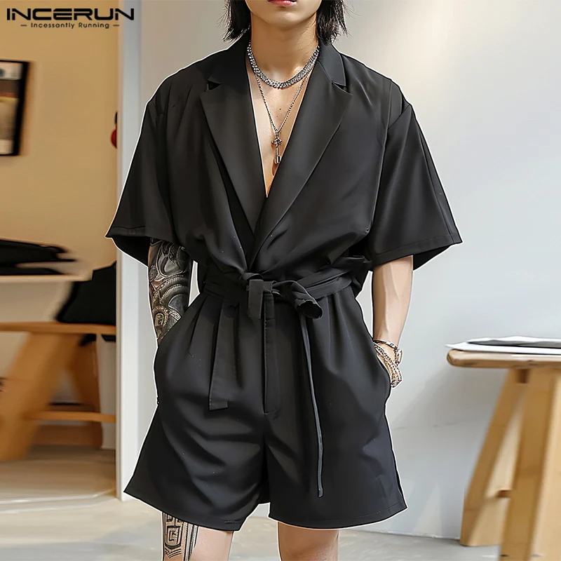 INCERUN 2024 Korean Style Jumpsuits Fashion Men's Suit Collar Design Jumpsuits Casual Hot Sale Solid Short Sleeved Rompers S-5XL