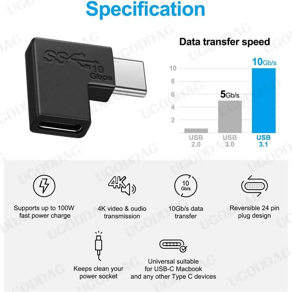 Adaptador USB tipo C de ángulo recto de 90 grados, convertidor de USB-C macho a hembra para teléfono inteligente y portátil, 10GBbps de carga rápida