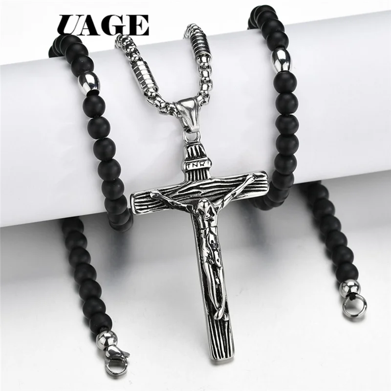 UAGE Rosary necklace Jesus christ cross pendant necklaces Black bead long chain mens women virgin mary christian fashion jewelry