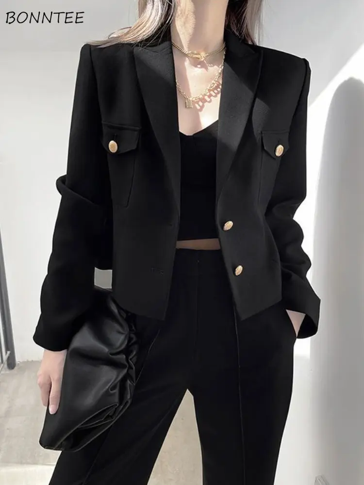 

Blazers Women Solid British Style Mature Temper Spring Fashion Office Lady Basic Vintage Outwear Cropped Design Minimalist Chic