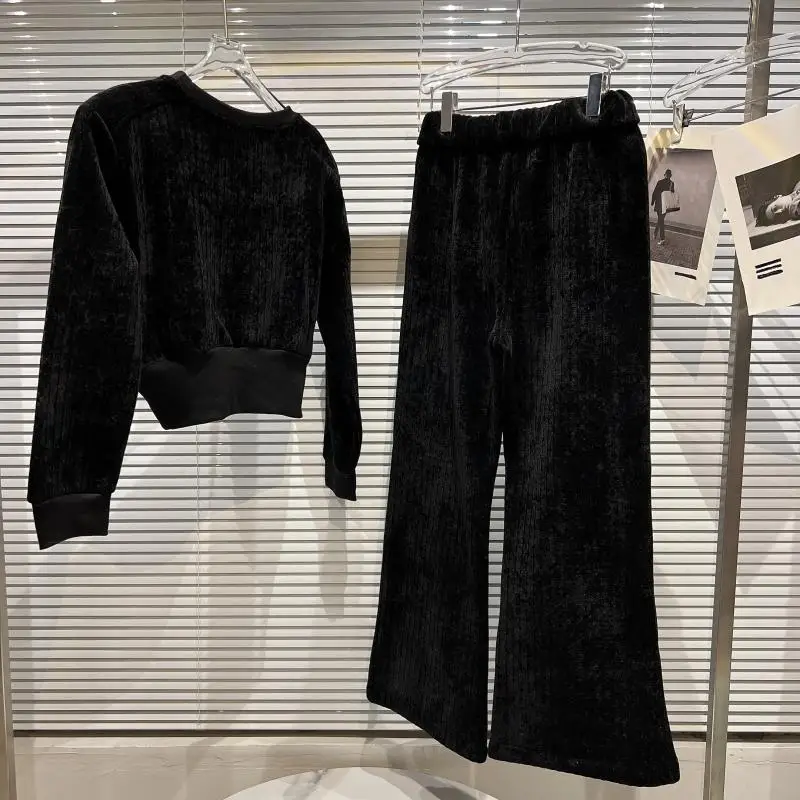 2021 Winter New Needlecord Thickened Sweatshirt Loose Short Hoodies Elastic Waist Wide Leg Pants Women's Casual Two Piece Suit