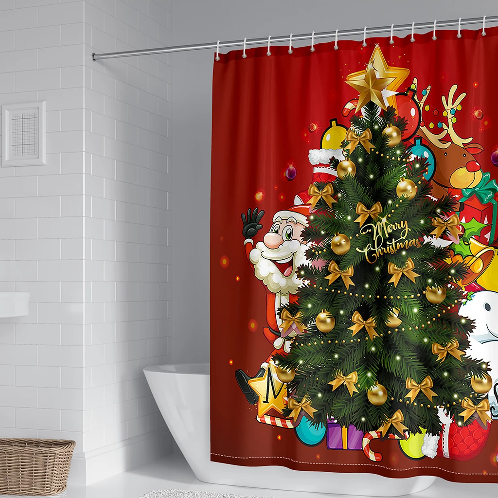 Happy New Year Merry Christmas Red Santa Trees kids Cute Shower Curtain Set for Bathroom Bath Waterproof Fabric with 12 Hooks