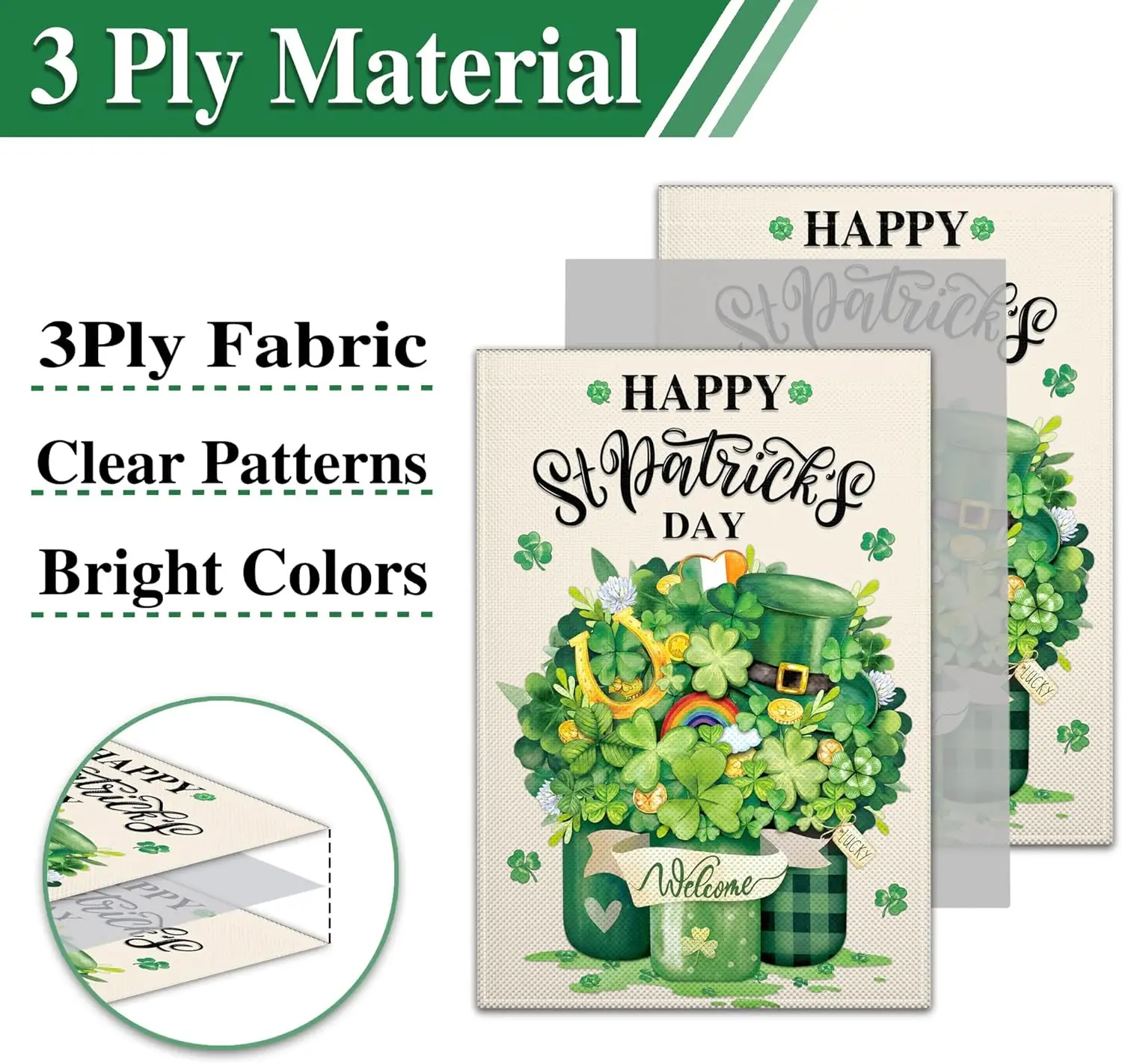 علم حديقة عيد القديس باتريك للخارج مقاس 12 × 18 بوصة مزدوج الجوانب علم حديقة ترحيب أيرلندي أخضر شامروك ميسون جرة الحظ FFI