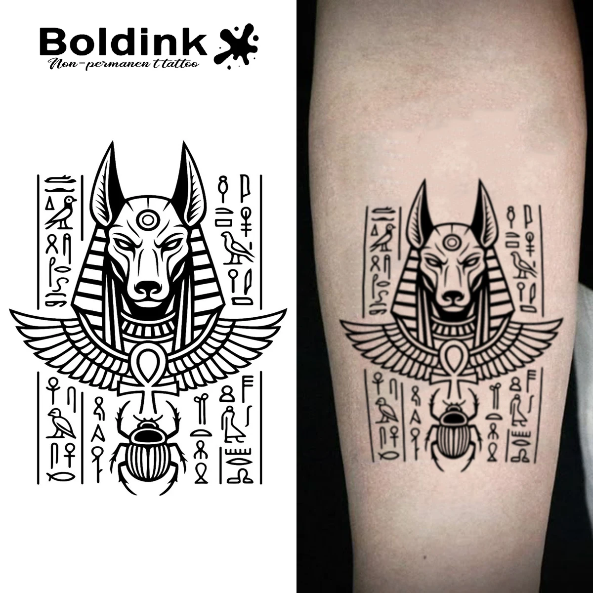 

BOLDINK Anubis Tattoo Decal Ancient Egyptian Totem Design Lasting 1-2 Weeks Fade-Free Versatile Arm Decoration for Men & Women