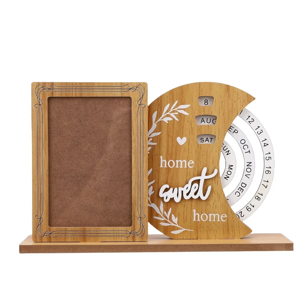 Wooden Perpetual Calendar Frame Insertable Photo Slot Ferris Wheel Design Desk Calendar Display Compact Tabletop Size