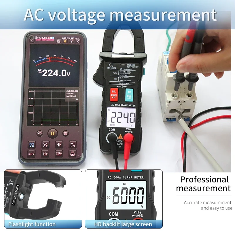 Imagem -06 - Zoyi-alicates de Corrente Digital Braçadeira Bluetooth Multímetro Medidor Amperométrico ac dc Voltímetro Amperímetro Testador de Alcance Automático Zt5bq