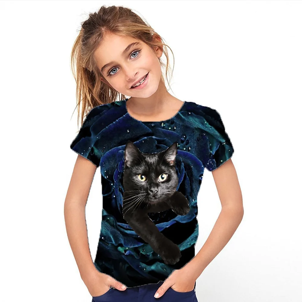 Camiseta con estampado 3d de gato para niñas, camisetas con bonitos viñetas de animales para niñas, camiseta de regalo para niños, Top informal de manga corta, ropa para niños 2025