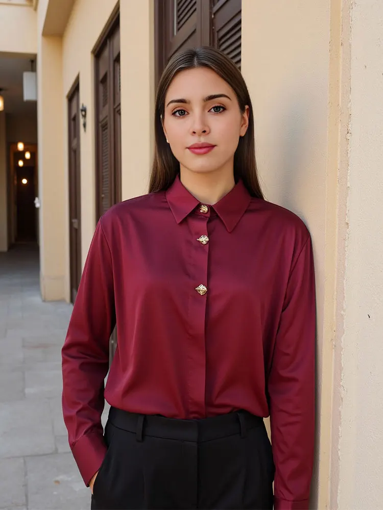 HH Frauen Mode Weinrote Bluse Vintage Gold Knopf Langarm Hemd 2025, Frühling Sommer Weibliche Formale Büro Casual Top