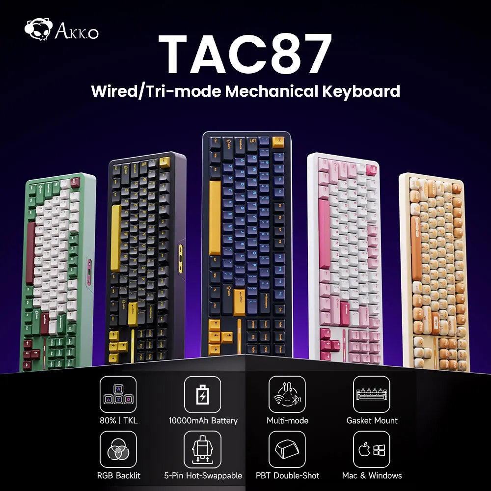 

Akko TAC87 Mechanical Keyboard 80% TKL Customized Hot-swappable RGB USB Wired/2.4g&BT Wireless Gaming Keyboard Gasket Structure