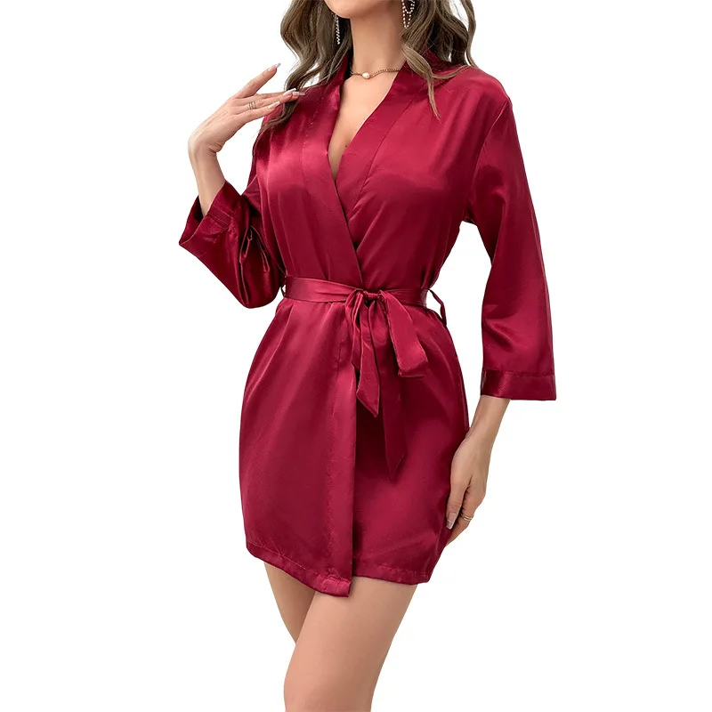 Fashion Solid Color Mid Sleeved Women's Nightgown Luxury Summer Short Lace Up Bathrobe Silk-like Thin and Sexy Pajamas Home Wear