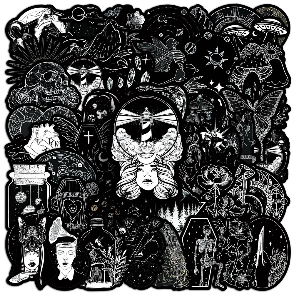 10/30/50 pçs horror escuro preto branco gótico crânio graffiti adesivos diy portátil bagagem capacete legal dos desenhos animados decalques à prova dwaterproof água brinquedos